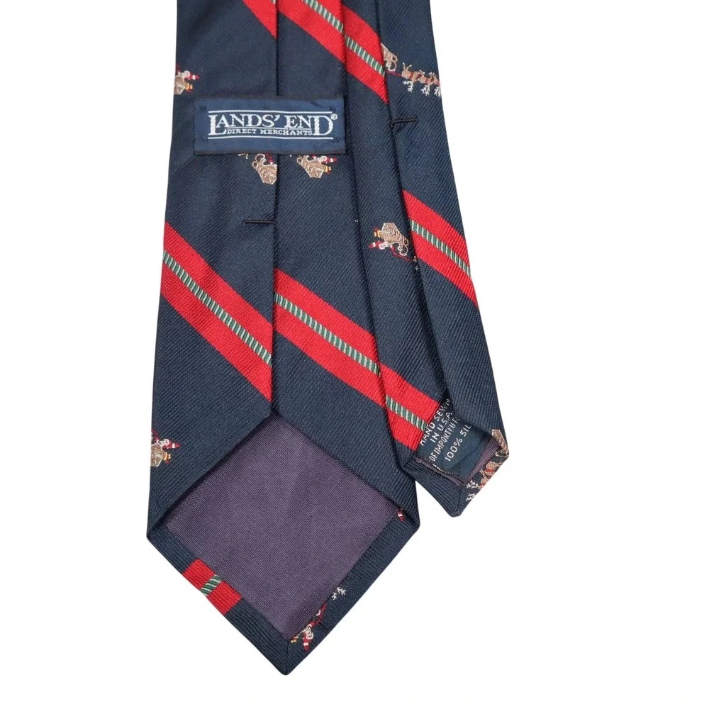 Lands End Silk Repp Tie Navy Santa Sleigh Reindeer Christmas Stripe‎ USA Made